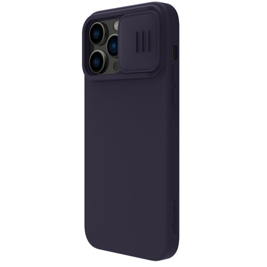 iPhone 14 Pro силиконов магнитен калъф със защита на камерата тъмно лилав