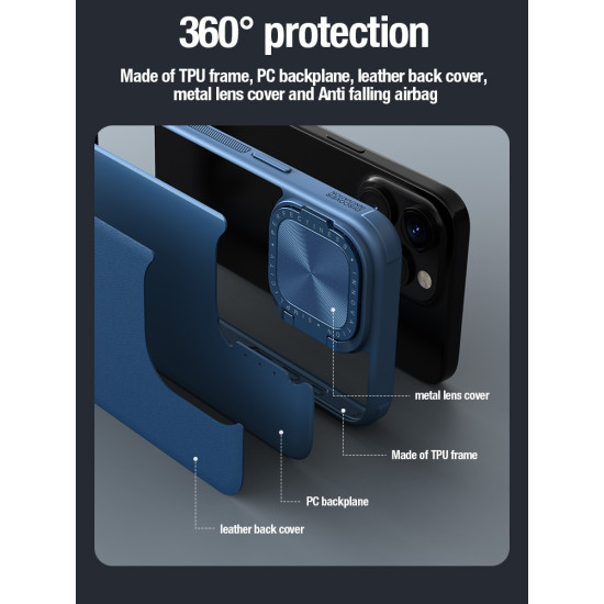 Apple iPhone 15 Pro магнитен кожен калъф със защита на камерата син Apple iPhone 15 Pro магнитен кожен калъф със защита на камерата син