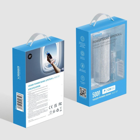 Външна батерия VEGER 5000 mAh с вграден конектор Lightning PD QC3.0 2,4A 12W PlugOn (W0573P) silver Външна батерия VEGER 5000 mAh с вграден конектор Lightning PD QC3.0 2,4A 12W PlugOn (W0573P) silver